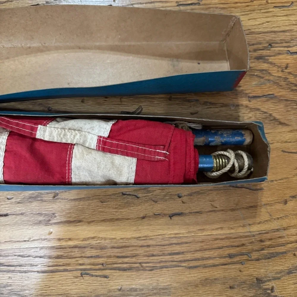 Vintage 50 Star American Flag w/ Original Box Blue Wood Pole Montgomery Ward 3x5
